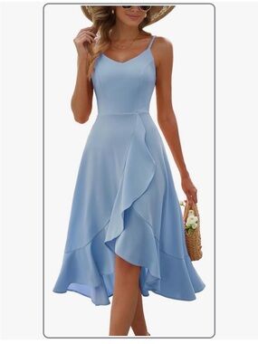 Light Blue Spaghetti Strap Ruffle Midi Dress